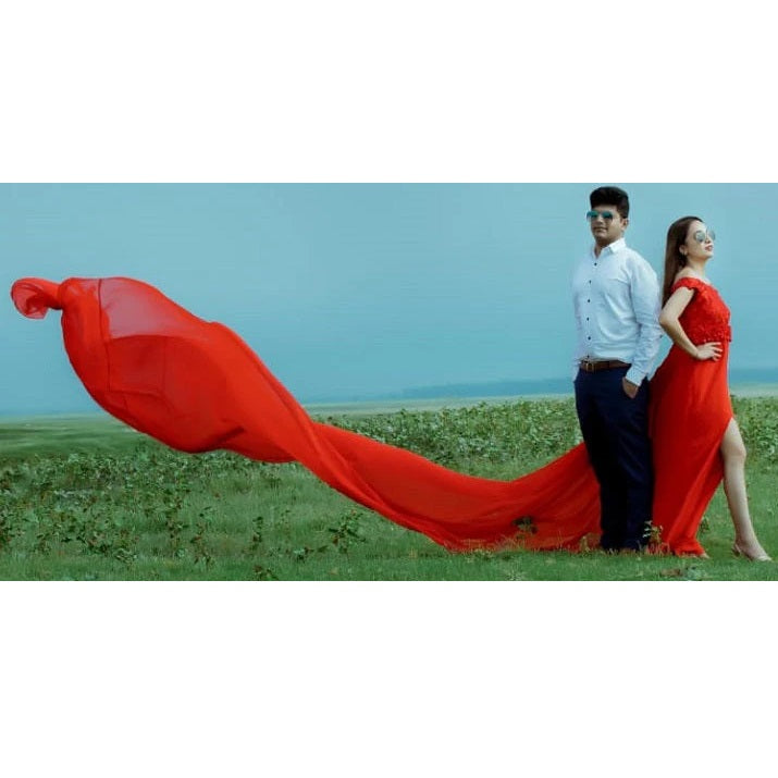 G601, Red Long Slit Cut Trail Prewedding Shoot Gown Size: All, Color: All