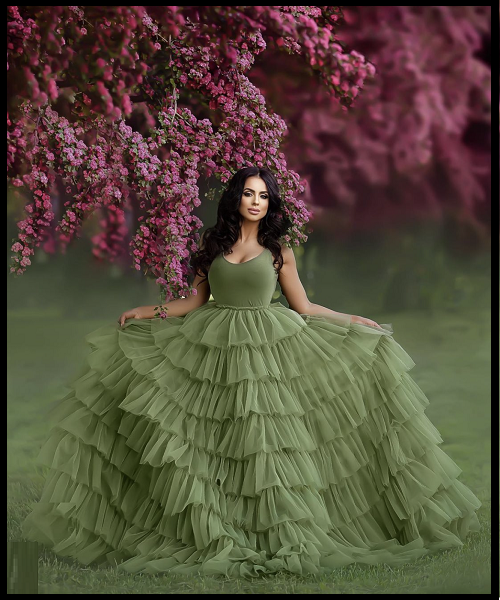 G2017, Olive Green Frill Trail Gown, Size: All, Color: All