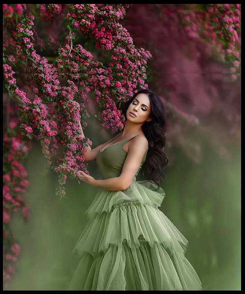 G2017, Olive Green Frill Trail Gown, Size: All, Color: All