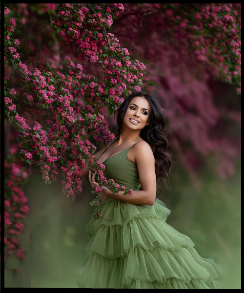G2017, Olive Green Frill Trail Gown, Size: All, Color: All