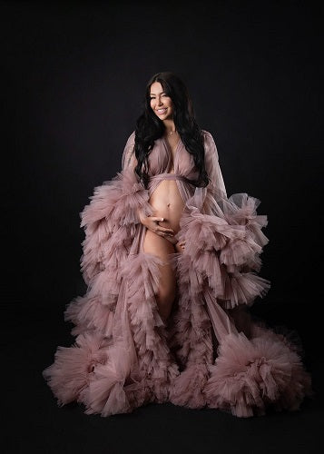 G1037, Peach Ruffled Maternity Shoot Trail Gown With Inner, Size: All, Color: All