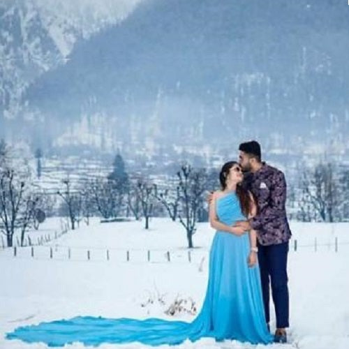 G175, Ocean Blue One Shoulder Prewedding Long Trail Gown, Size: All, Color: All