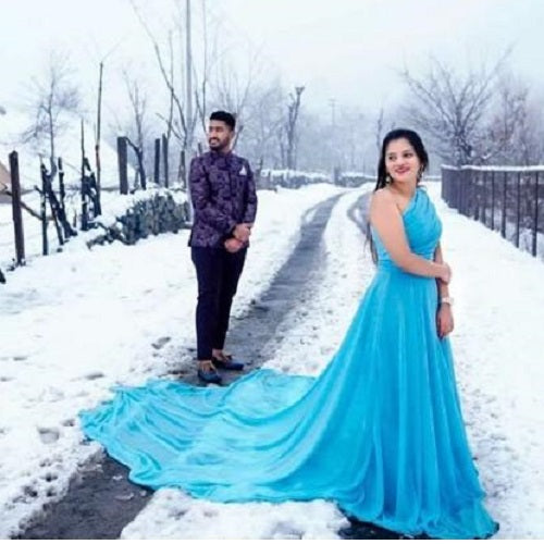 G175, Ocean Blue One Shoulder Prewedding Long Trail Gown, Size: All, Color: All