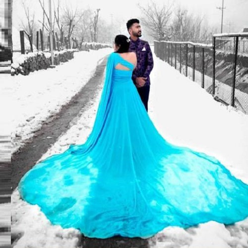 G175, Ocean Blue One Shoulder Prewedding Long Trail Gown, Size: All, Color: All