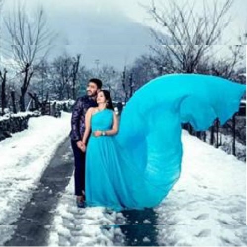 G175, Ocean Blue One Shoulder Prewedding Long Trail Gown, Size: All, Color: All