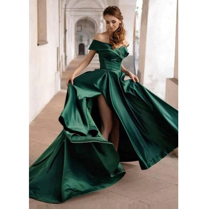 G900, Green Satin Slit Cut Pre Wedding Shoot Long Trail Gown, Size: All, Color: All