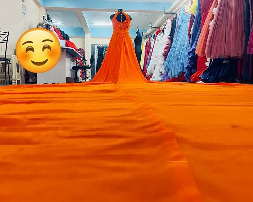 G685, Halter Neck Orange slit cut long trail shoot gown Size: All, Color: All