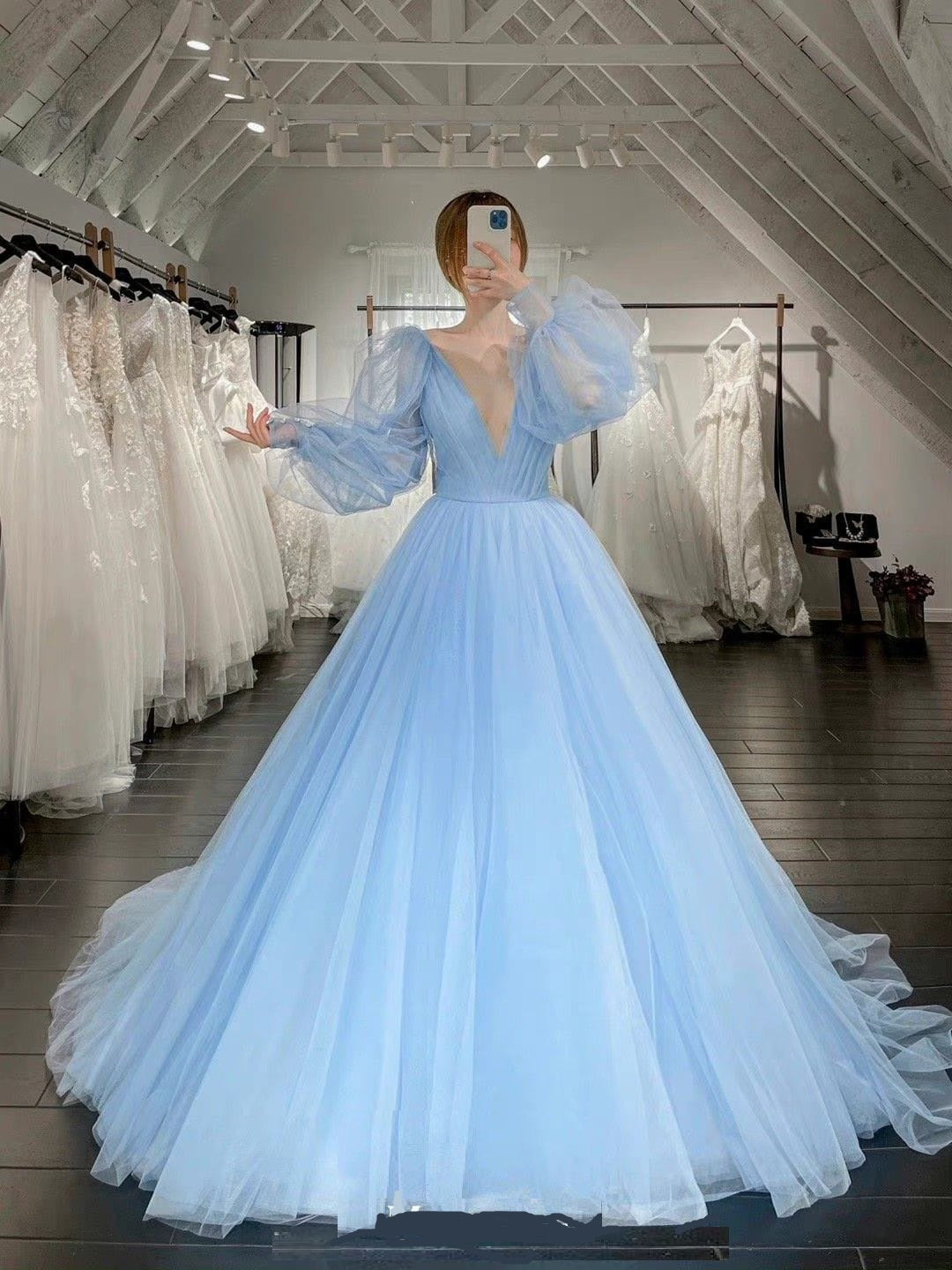 G725, Sky Blue Prewedding Shoot Trail Gown, Size: All, Color: All