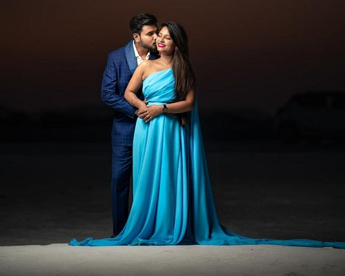 G175, Ocean Blue One Shoulder Prewedding Long Trail Gown, Size: All, Color: All