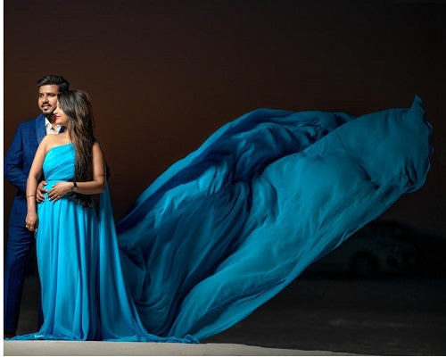 G175, Ocean Blue One Shoulder Prewedding Long Trail Gown, Size: All, Color: All