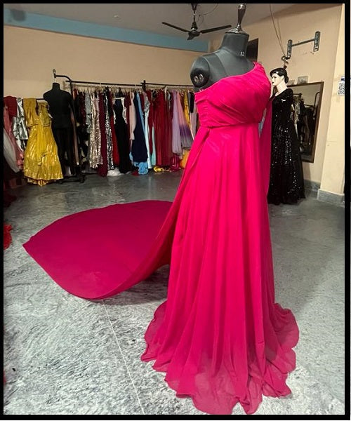 G775,Hot Pink One Shoulder Prewedding Shoot Long Trail Gown, Size: All, Color: All