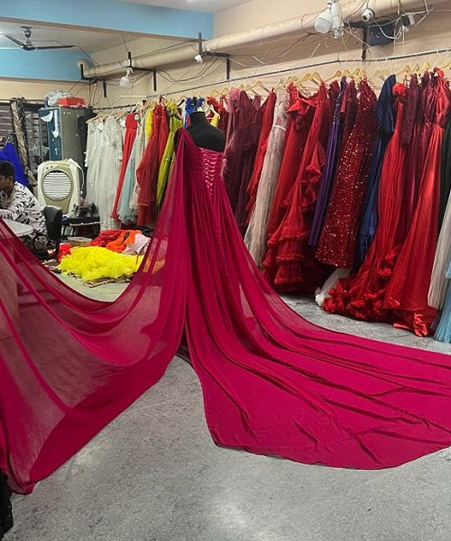 G775,Hot Pink One Shoulder Prewedding Shoot Long Trail Gown, Size: All, Color: All