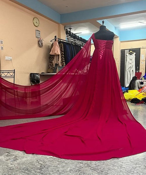 G775,Hot Pink One Shoulder Prewedding Shoot Long Trail Gown, Size: All, Color: All