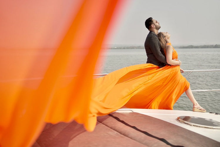 G685, Halter Neck Orange slit cut long trail shoot gown Size: All, Color: All