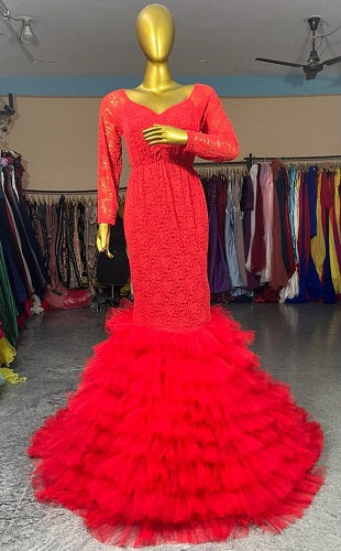 G2035, Red Body Fit Ruffled Maternity Shoot Long Trail Gown Size: All, Color: All