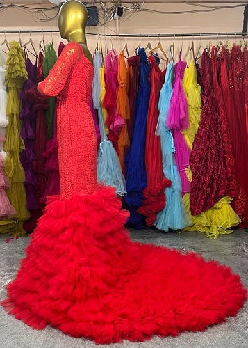 G2035, Red Body Fit Ruffled Maternity Shoot Long Trail Gown Size: All, Color: All