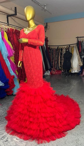 G2035, Red Body Fit Ruffled Maternity Shoot Long Trail Gown Size: All, Color: All