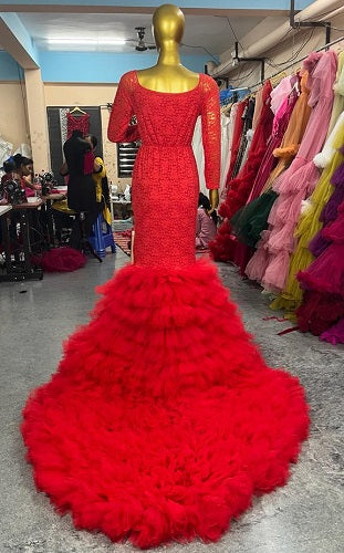 G2035, Red Body Fit Ruffled Maternity Shoot Long Trail Gown Size: All, Color: All