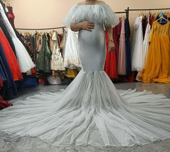 G908, Grey Maternity Shoot Baby Shower Trail Gown, Size: All, Color: All