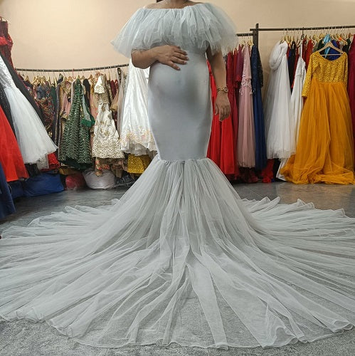 G908, Grey Maternity Shoot Baby Shower Trail Gown, Size: All, Color: All