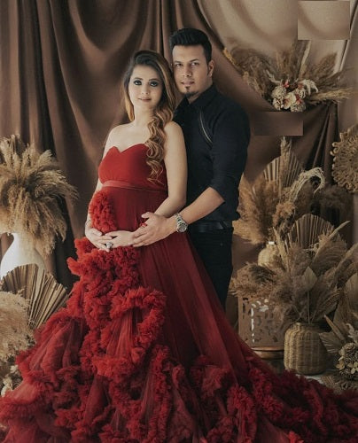 G3032, Wine Red Tube Top Ruffled Shoot Trail Gown Size: All, Color: All