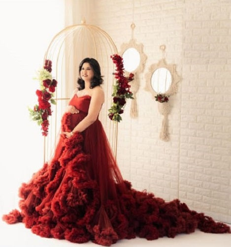 G3032, Wine Red Tube Top Ruffled Shoot Trail Gown Size: All, Color: All