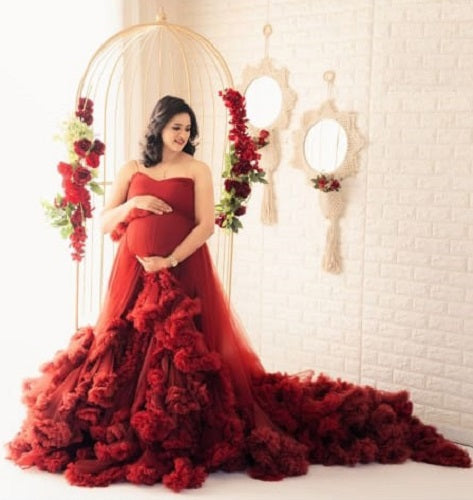 G3032, Wine Red Tube Top Ruffled Shoot Trail Gown Size: All, Color: All