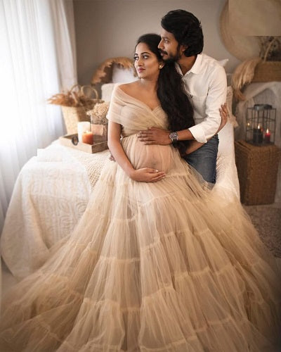 G1030, Beige Ruffled Maternity Shoot Trail Gown, Size: All, Color: All