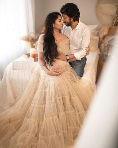 G1030, Beige Ruffled Maternity Shoot Trail Gown, Size: All, Color: All