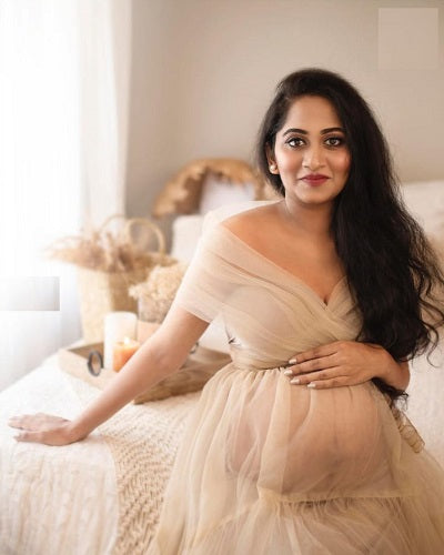 G1030, Beige Ruffled Maternity Shoot Trail Gown, Size: All, Color: All