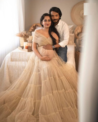 G1030, Beige Ruffled Maternity Shoot Trail Gown, Size: All, Color: All