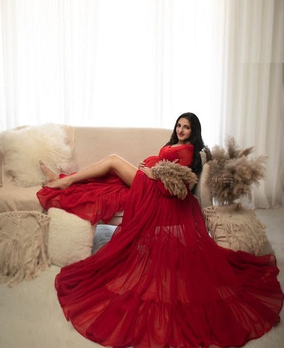 G1031, Red Full Sleeves Slit Cut Maternity Shoot Trail Gown, Size: All, Color: All