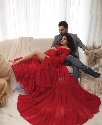 G1031, Red Full Sleeves Slit Cut Maternity Shoot Trail Gown, Size: All, Color: All