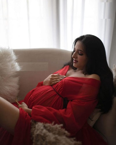 G1031, Red Full Sleeves Slit Cut Maternity Shoot Trail Gown, Size: All, Color: All