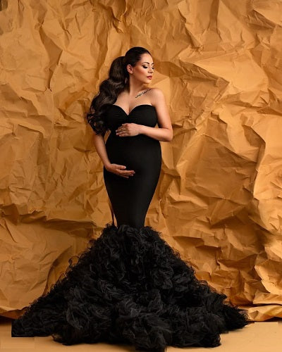 G420, Black Ruffled Body Fit Maternity Shoot Trail Gown Size: All, Color: All