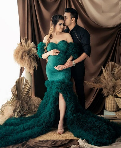 G1035, Bottle Green Long Trail Body Fit Gown Size: All, Color: All