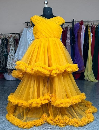 G168, Mustard Slit Cut Shoot Trail Gown, Size: All, Color: All