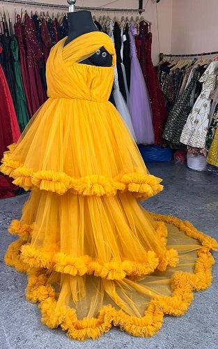 G168, Mustard Slit Cut Shoot Trail Gown, Size: All, Color: All