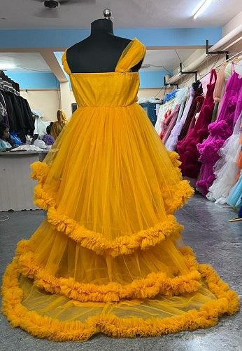 G168, Mustard Slit Cut Shoot Trail Gown, Size: All, Color: All