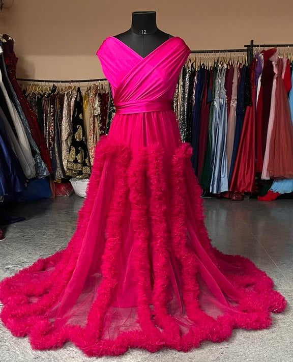 G1034, Dark Magenta Puffy Shoot Trail Gown, Size: All, Color: All