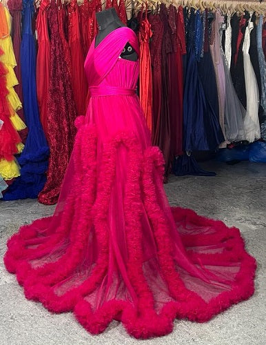 G1034, Dark Magenta Puffy Shoot Trail Gown, Size: All, Color: All