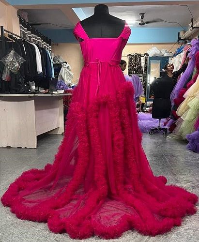 G1034, Dark Magenta Puffy Shoot Trail Gown, Size: All, Color: All