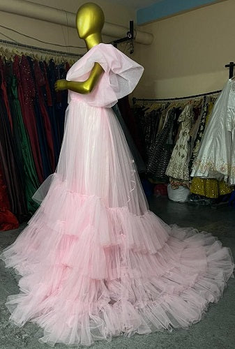 G2021, Pink Ruffled Trail Gown Size: All, Color: All
