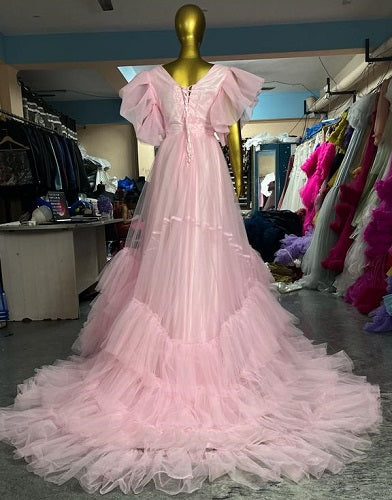 G2021, Pink Ruffled Trail Gown Size: All, Color: All