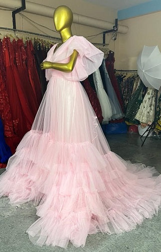 G2021, Pink Ruffled Trail Gown Size: All, Color: All