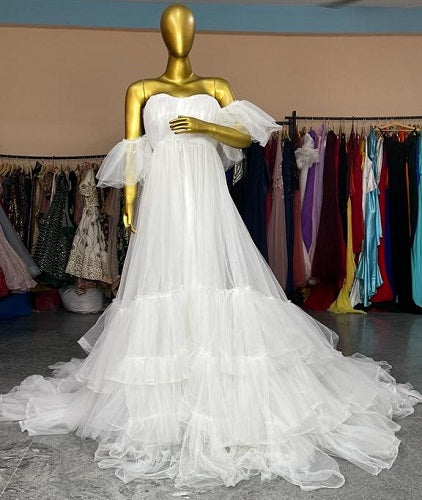 W2008, White Ruffled Slit Cut Maternity Shoot Trail Gown With Inner, Size: All, Color: All