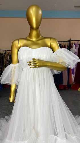 W2008, White Ruffled Slit Cut Maternity Shoot Trail Gown With Inner, Size: All, Color: All