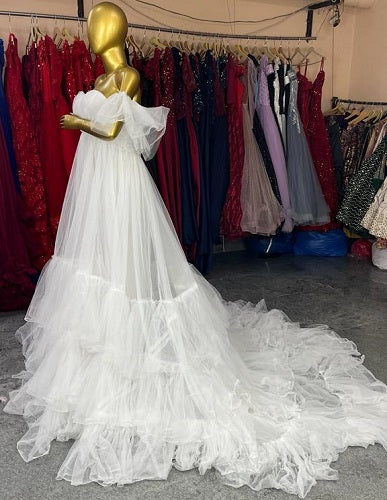W2008, White Ruffled Slit Cut Maternity Shoot Trail Gown With Inner, Size: All, Color: All