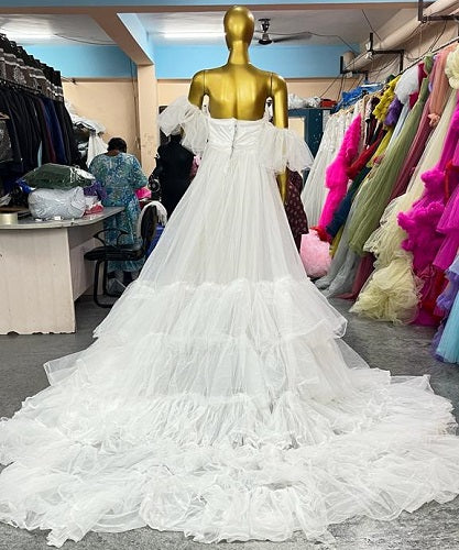 W2008, White Ruffled Slit Cut Maternity Shoot Trail Gown With Inner, Size: All, Color: All