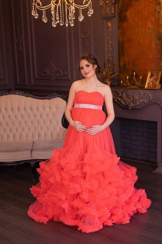 G523, Red Tube Ruffled Shoot Trail Gown Size: All, Color: All